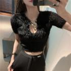 Chain Short-sleeve Furry Cropped Top