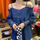 Cold Shoulder Denim Blouse Dark Blue - One Size
