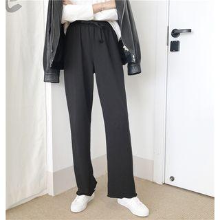 Plain Elastic-waist Loose-fit Wide-leg Pants