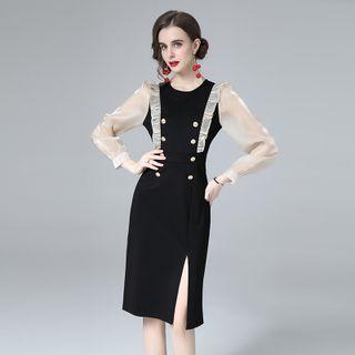 Long-sleeve Two-tone Panel Frill Trim Slit Sheath Dress