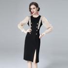 Long-sleeve Two-tone Panel Frill Trim Slit Sheath Dress