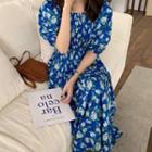 Short-sleeve Floral Loose Fit Dress Blue - One Size