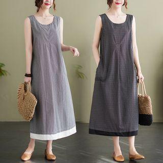 Sleeveless Striped Linen Maxi A-line Dress