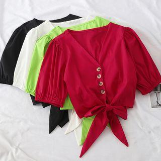 Lace Up V-neck Short-sleeve Blouse