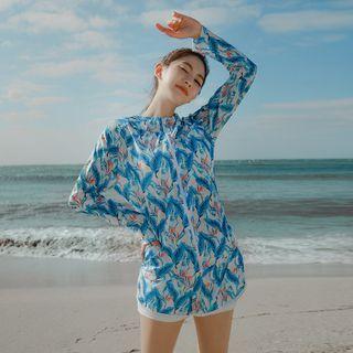 Set: Plain Tankini Top + Print Swim Shorts + Hooded Jacket