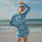 Set: Plain Tankini Top + Print Swim Shorts + Hooded Jacket