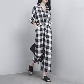 Drawstring-waist Plaid Jumpsuit