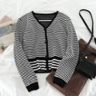 Striped V-neck Knit Cardigan Black - One Size