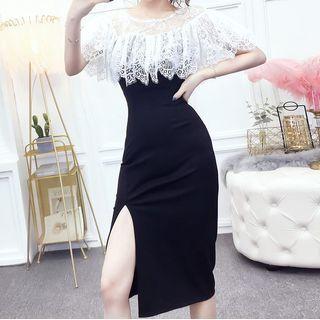 Two-tone Lace Panel Slit Midi Sheath Dress