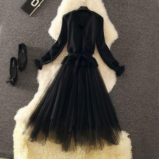 Set: Long-sleeve V-neck Knit Top + Spaghetti Strap Midi A-line Mesh Dress