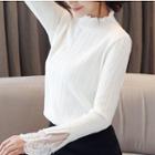 Long-sleeve Mock Neck Lace Panel Knit Top