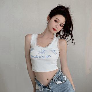 Lace Trim Print Crop Tank Top