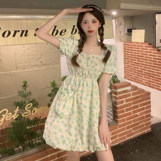 Lantern Sleeve Square Neck Floral A-line Dress