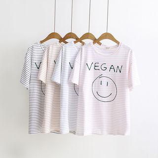 Smile Face Print Striped Short-sleeve T-shirt