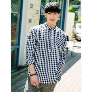 Mandarin-collar Half-placket Check Shirt