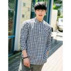 Mandarin-collar Half-placket Check Shirt