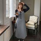 Long-sleeve Square-neck Tie-strap Plaid Dress