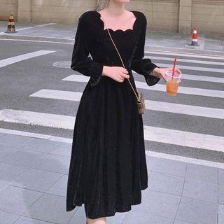 Long-sleeve Glitter Scallop Trim Midi A-line Dress