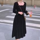 Long-sleeve Glitter Scallop Trim Midi A-line Dress