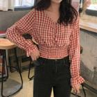 Long Sleeve Gingham Square Neck Cropped Smocked Top Red - One Size