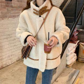 High-neck Faux Fleece Belted Jacket As Shown In Figure - One Size