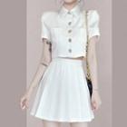 Set: Puff-sleeve Shirt + Pleated Mini A-line Skirt