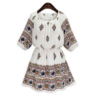 Printed Elbow Sleeve Band Waist Dress