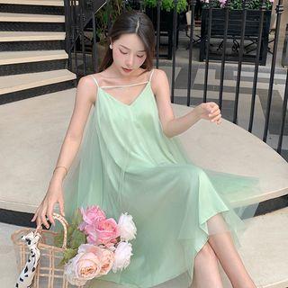 Spaghetti-strap V-neck Mesh Maxi A-line Dress