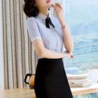 Short-sleeve Striped Shirt / Mini Pencil Skirt / Set