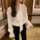 Plain Lace Chiffon Long-sleeve Shirt With Bow-knot White - One Size