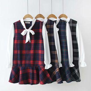 Mock Two-piece Long-sleeve Plaid Shift Dress