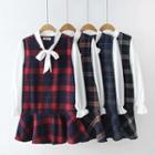 Mock Two-piece Long-sleeve Plaid Shift Dress