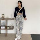Long-sleeve V-neck Cropped T-shirt / Flower Print Harem Pants