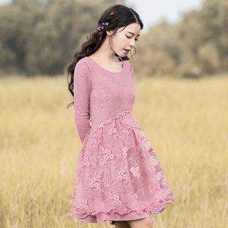Flower Embroidered Mesh Overlay Long Sleeve Knit Dress