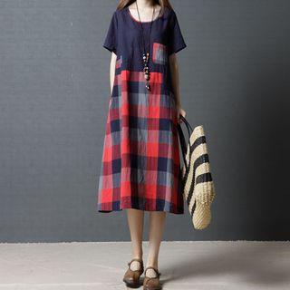 Check Short-sleeve Midi A-line Dress
