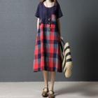 Check Short-sleeve Midi A-line Dress