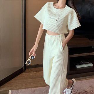 Elbow-sleeve Cropped Top / Ribbed Wide-leg Pants