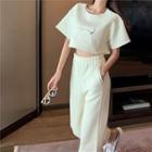 Elbow-sleeve Cropped Top / Ribbed Wide-leg Pants