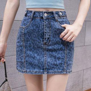 Leopard Print Denim Mini Pencil Skirt