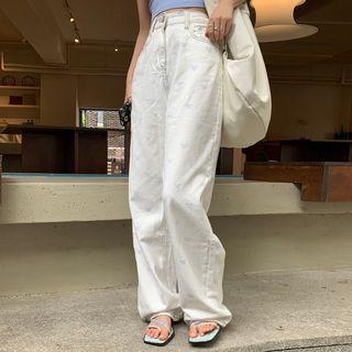 High-waist Bear Print Shift Denim Wide-leg Pants