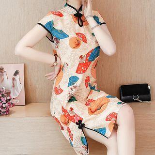 Fan Print Short-sleeve A-line Qipao