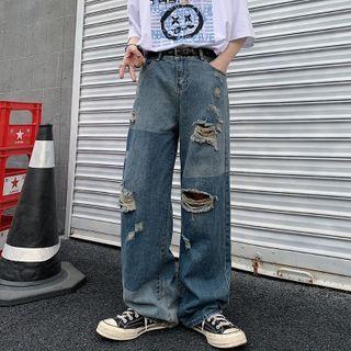 Ripped Color-block Wide Leg Jeans