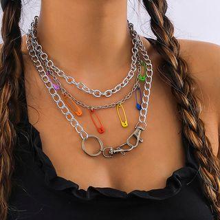 Set Of 3: Alloy Necklace + Safety Pin Alloy Necklace + Alloy Choker Silver - One Size