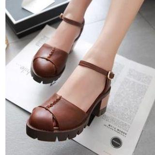 Faux Leather Stitched Cutout Block Heel Sandals