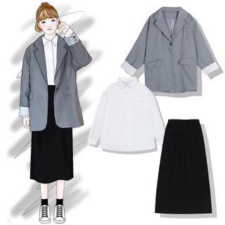 Plain Blazer / Plain Shirt / Midi A-line Skirt