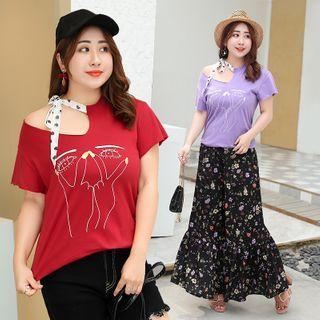 Short-sleeve One-shoulder Eyes Print T-shirt