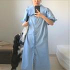 Short-sleeve Frill Trim Wide-collar A-line Midi Shirtdress