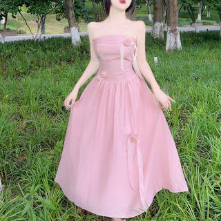 Strapless Flower Detail Midi A-line Dress