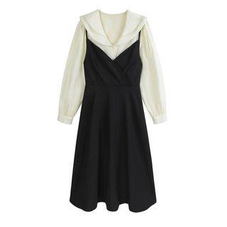 Set: Long-sleeve Shirt + Strappy Midi A-line Dress Black - One Size
