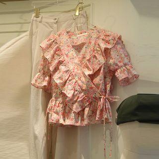 Bell-sleeve V-neck Ruffled Floral Blouse
